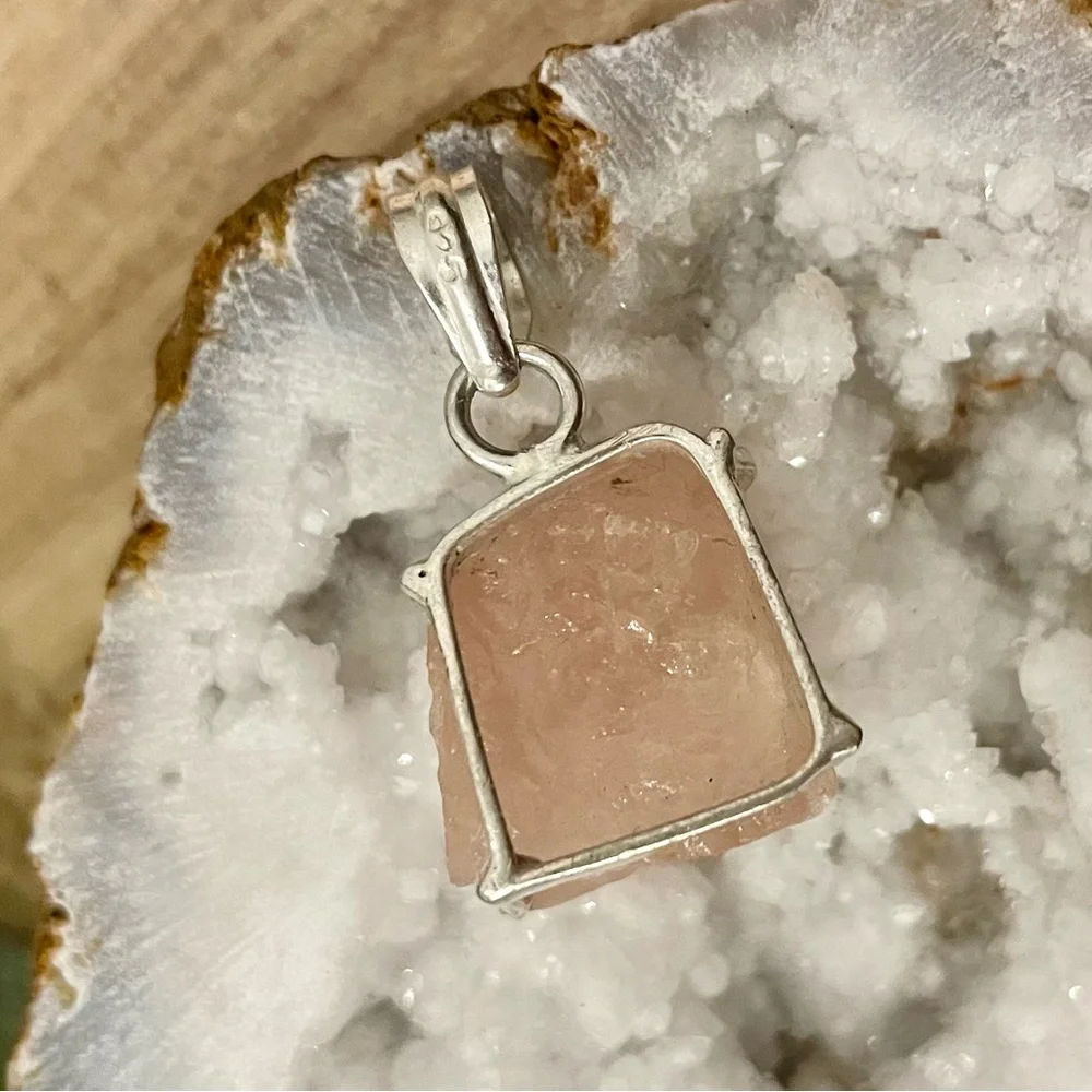 Pink Rose Quartz Sterling Silver Overlay Pendant 925
